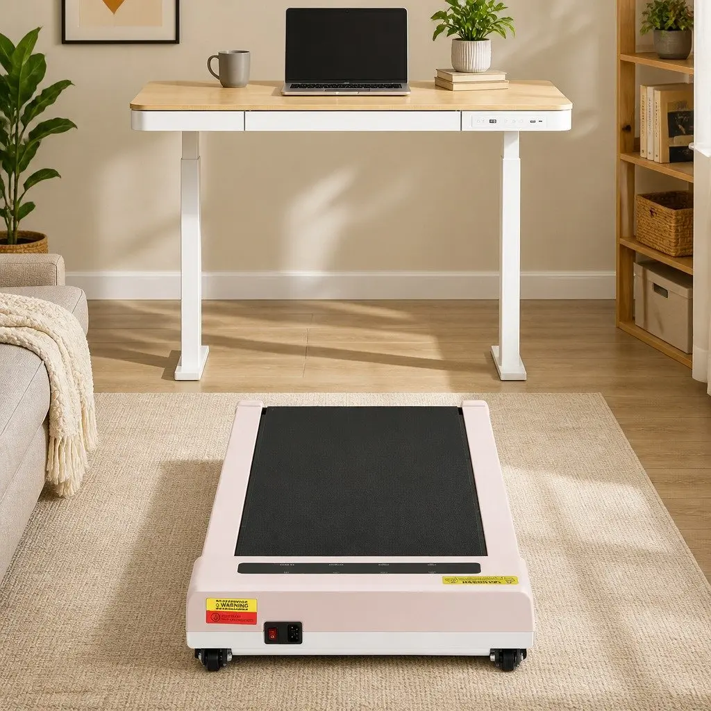 Electric Standing Desk Treadmill Combo White Oak 120cm Adjustable Height Integrated Walking Pad