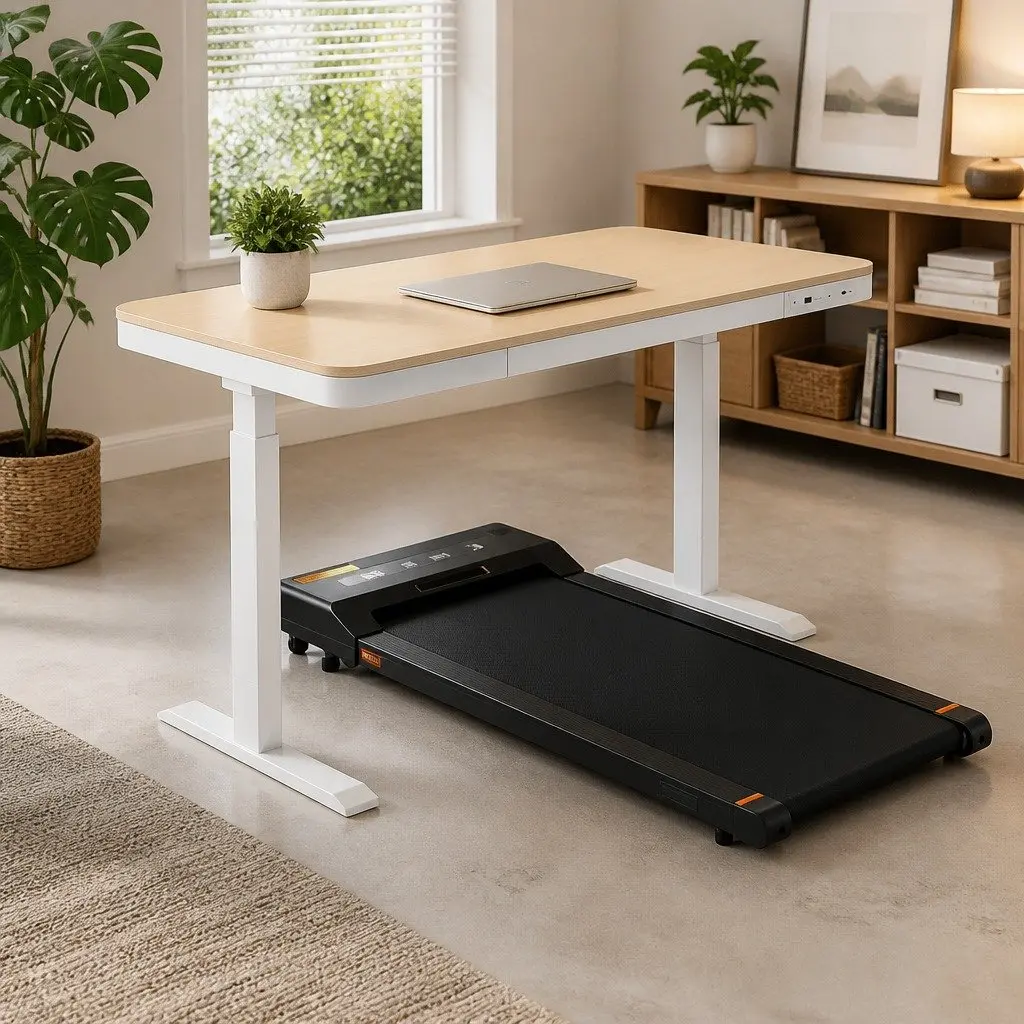 Electric Standing Desk Treadmill Combo White 120cm Adjustable Height Integrated Walking Pad