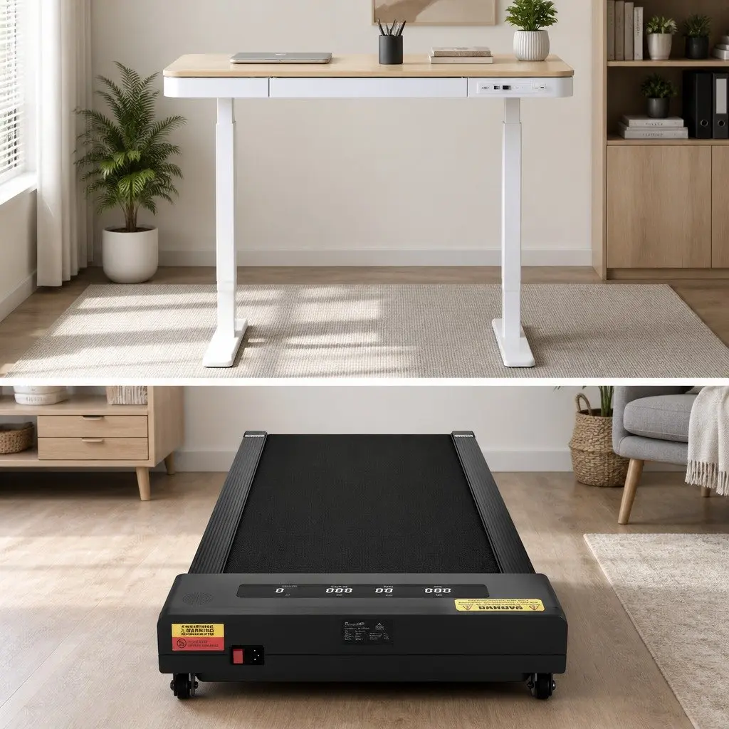 Electric Standing Desk Treadmill Combo White 120cm Adjustable Height Integrated Walking Pad