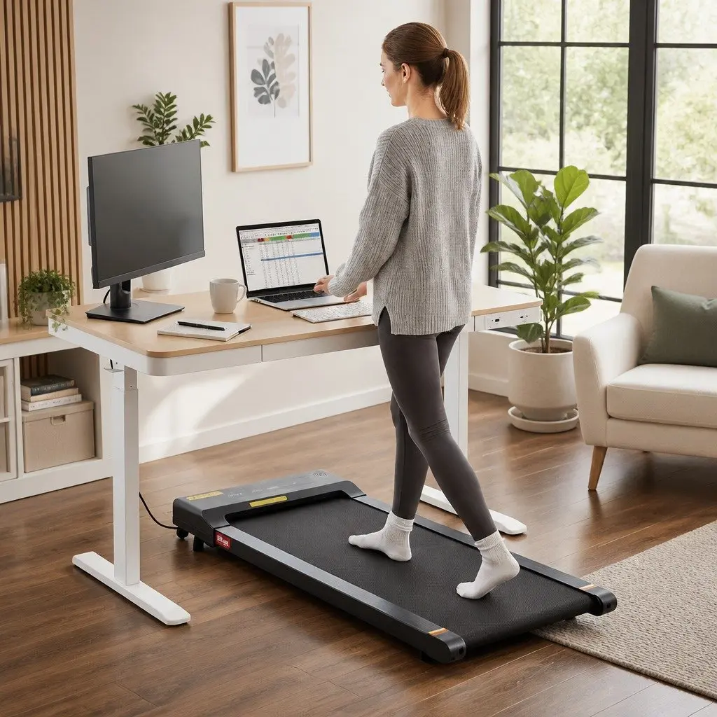 Electric Standing Desk Treadmill Combo White 120cm Adjustable Height Integrated Walking Pad