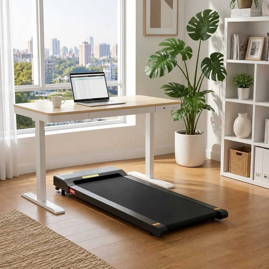Electric Standing Desk Treadmill Combo White 120cm Adjustable Height Integrated Walking Pad