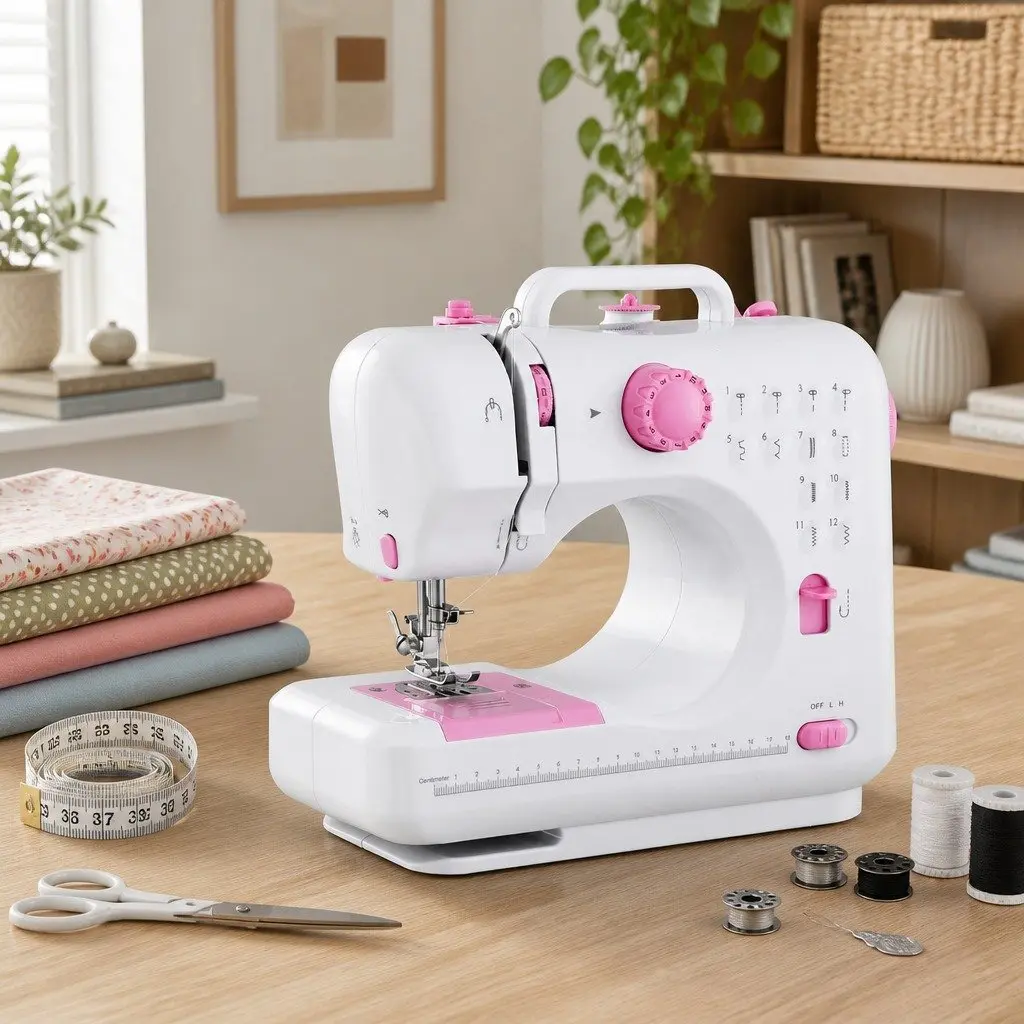 Mini Sewing Machine White with Pink Compact 12 Stitches LED Light Portable for Beginners
