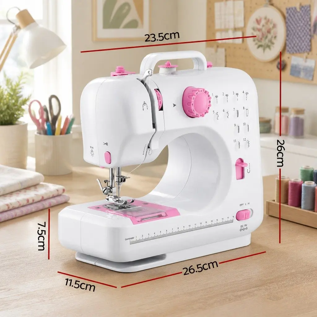 Mini Sewing Machine White with Pink Compact 12 Stitches LED Light Portable for Beginners