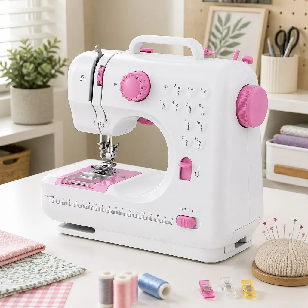 Mini Sewing Machine White with Pink Compact 12 Stitches LED Light Portable for Beginners
