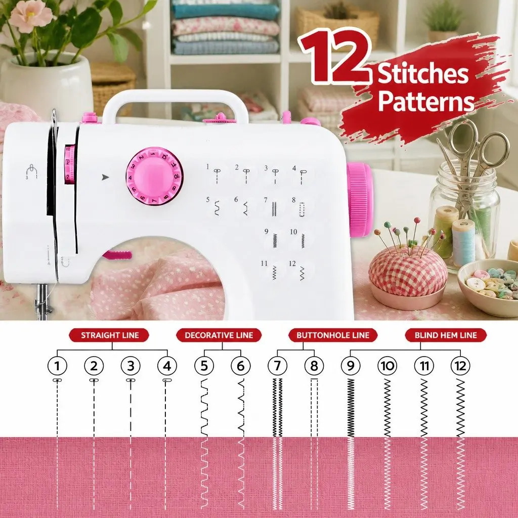 Mini Sewing Machine White with Pink Compact 12 Stitches LED Light Portable for Beginners