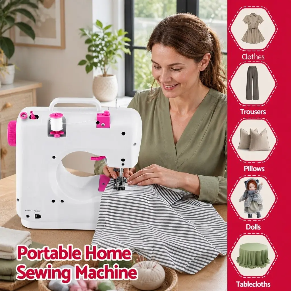 Mini Sewing Machine White with Pink Compact 12 Stitches LED Light Portable for Beginners