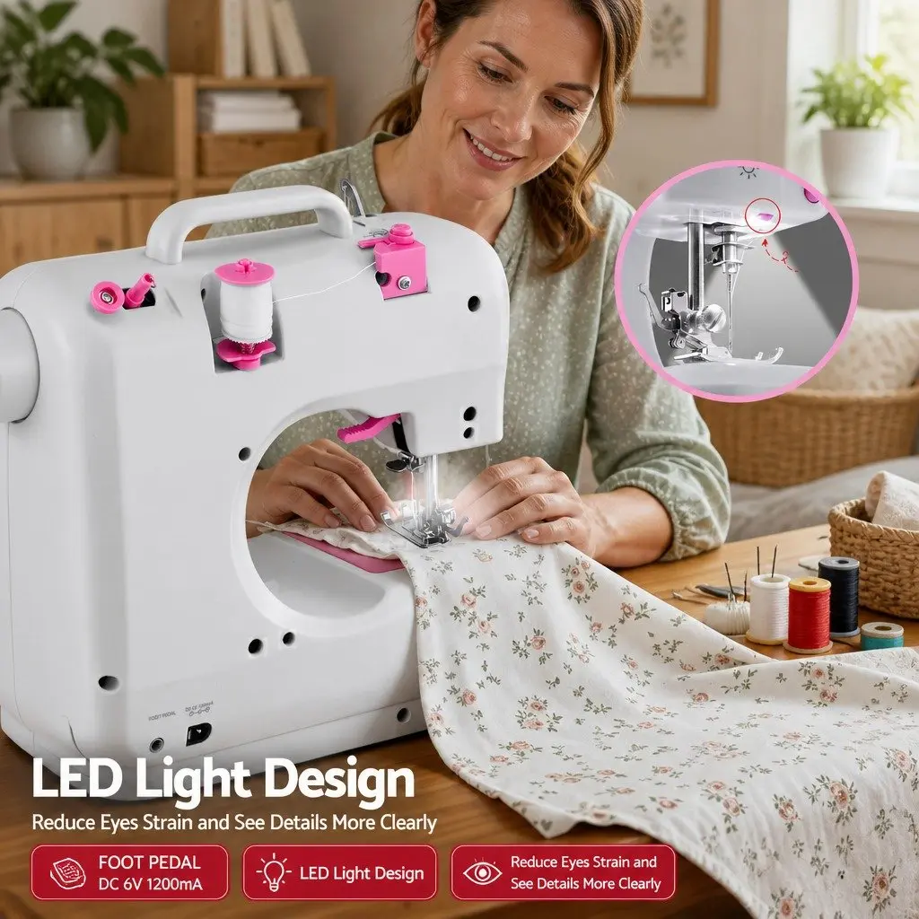 Mini Sewing Machine White with Pink Compact 12 Stitches LED Light Portable for Beginners