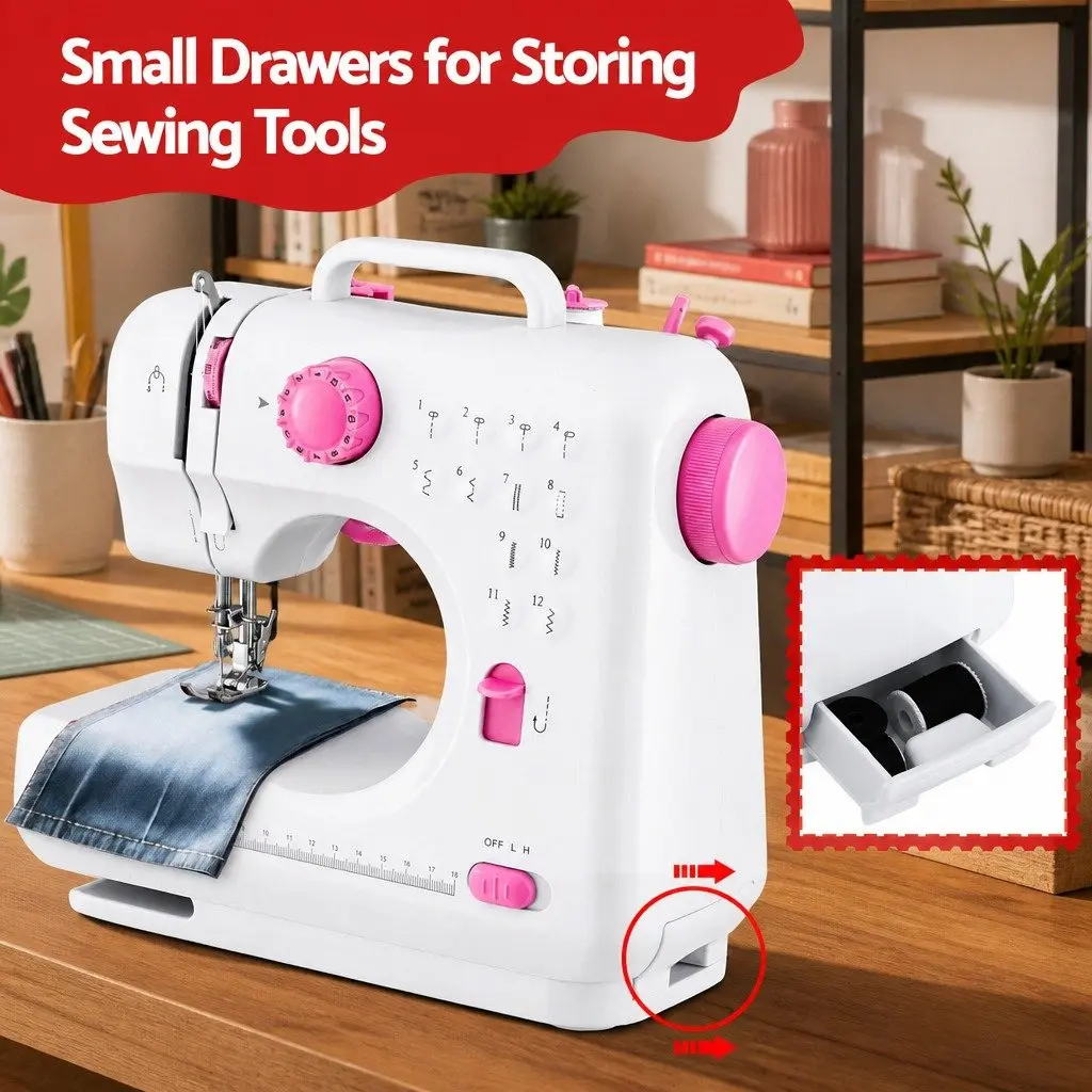Mini Sewing Machine White with Pink Compact 12 Stitches LED Light Portable for Beginners
