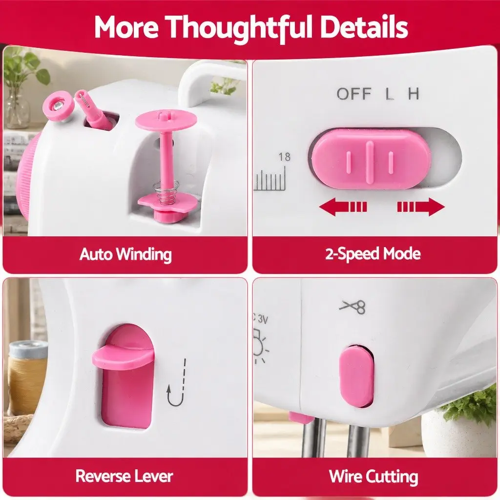 Mini Sewing Machine White with Pink Compact 12 Stitches LED Light Portable for Beginners