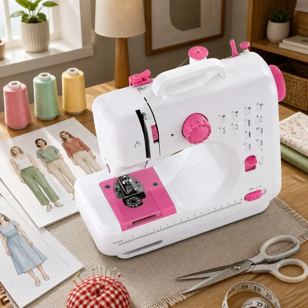 Mini Sewing Machine White with Pink Compact 12 Stitches LED Light Portable for Beginners