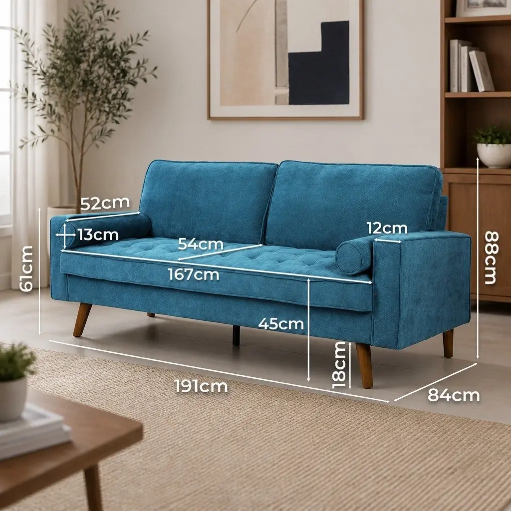 3 Seater Sofa Blue 191cm Wide Linen Style Detachable Back Cushions