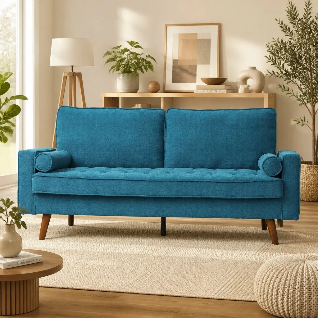 3 Seater Sofa Blue 191cm Wide Linen Style Detachable Back Cushions