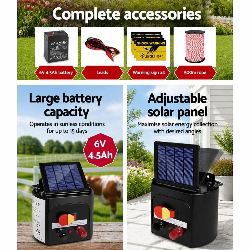 Solar Electric Fence Energiser Black 3KM with 500M Polyrope Monocrystalline Solar Panel for Livestock Farm Fencing