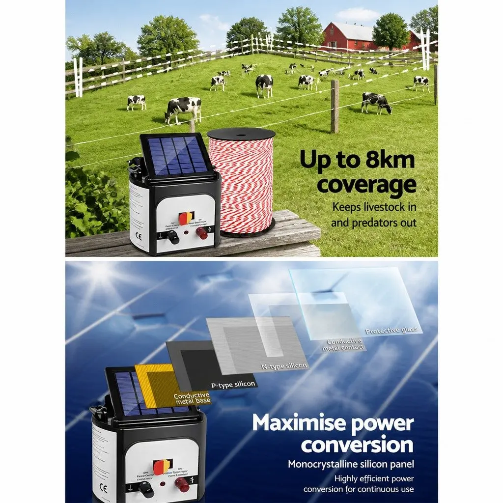 Solar Electric Fence Energiser Black 8KM Continuous Charging with 500M Polytape