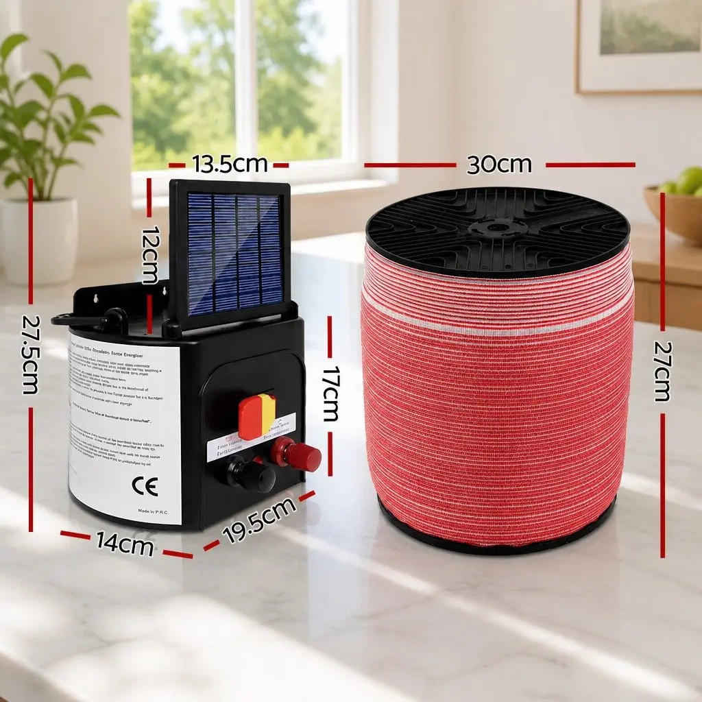 Solar Electric Fence Energiser Black 5KM Compact System with 1200M Polytape and Monocrystalline Solar Panel