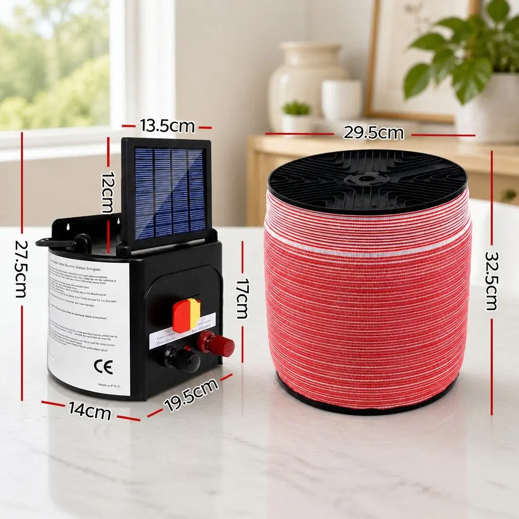 Solar Electric Fence Energiser Black 5KM Compact Low Maintenance System with 2000M Red and White Polytape