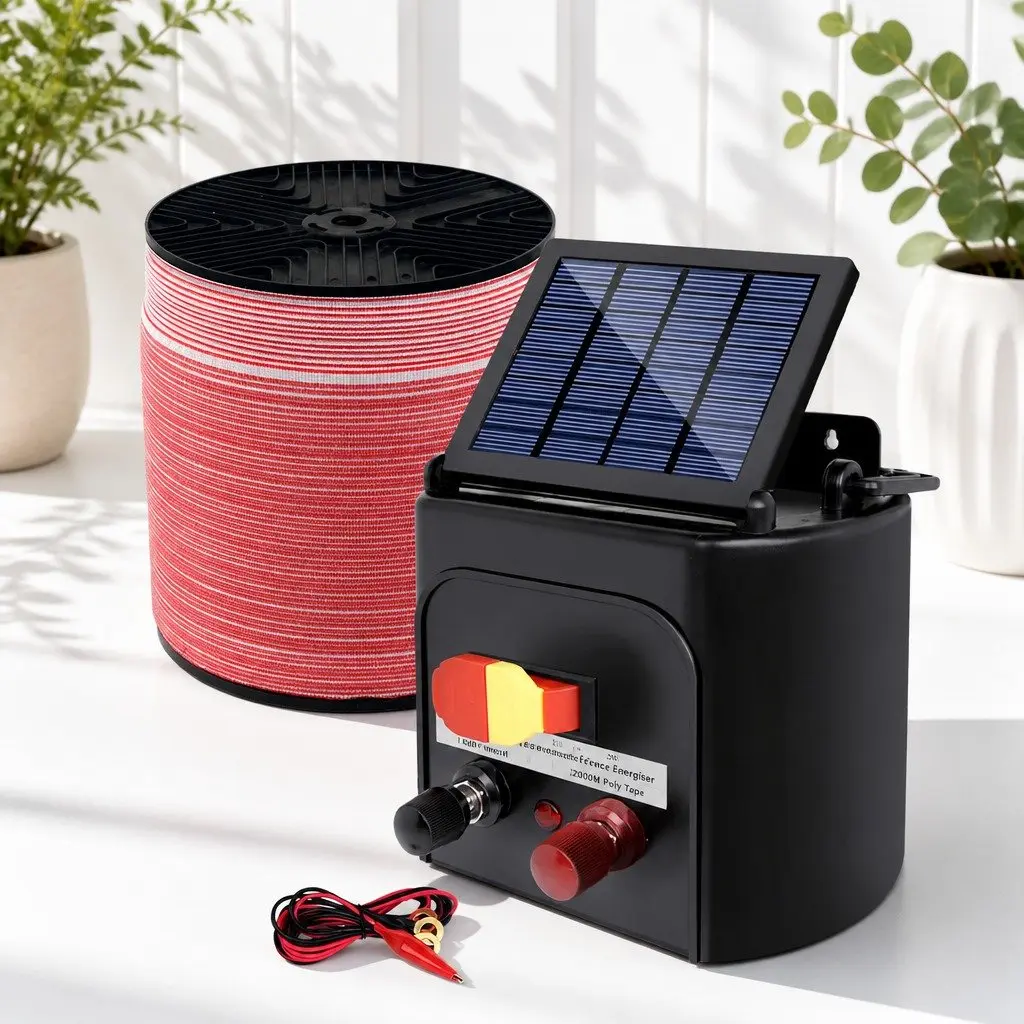 Solar Electric Fence Energiser Black 5KM Compact Low Maintenance System with 2000M Red and White Polytape