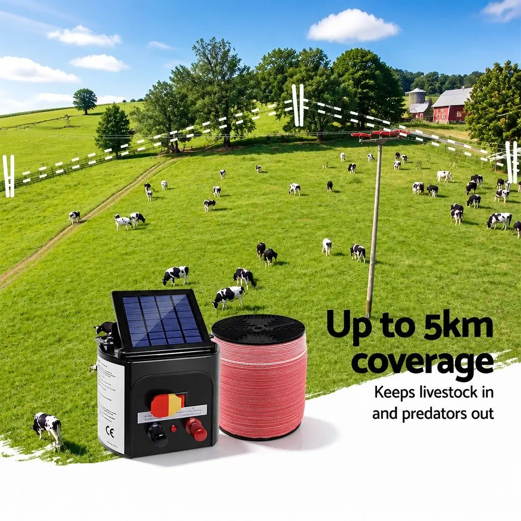 Solar Electric Fence Energiser Black 5KM Compact Low Maintenance System with 2000M Red and White Polytape