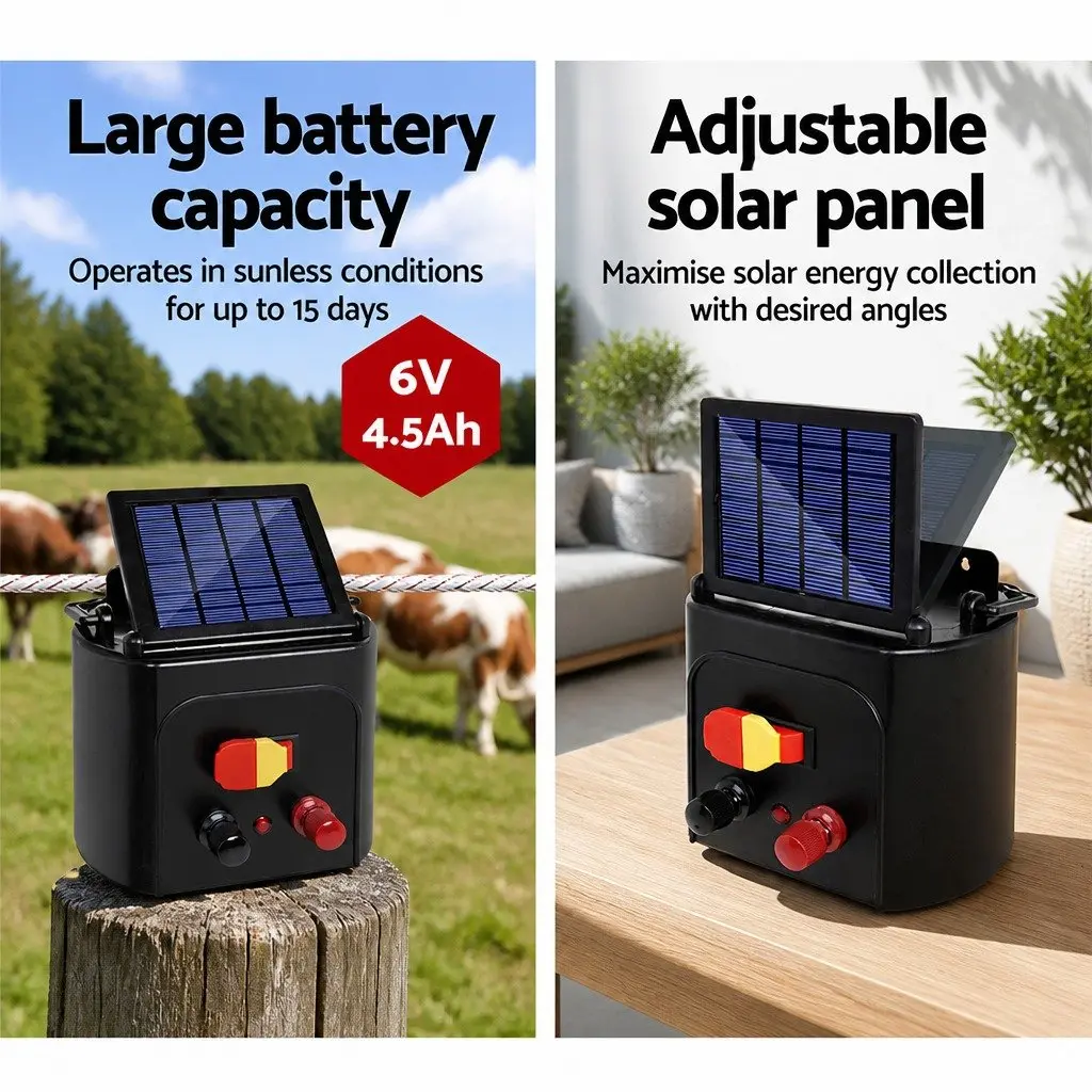 Solar Electric Fence Energiser Black 5KM Compact Low Maintenance System with 2000M Red and White Polytape