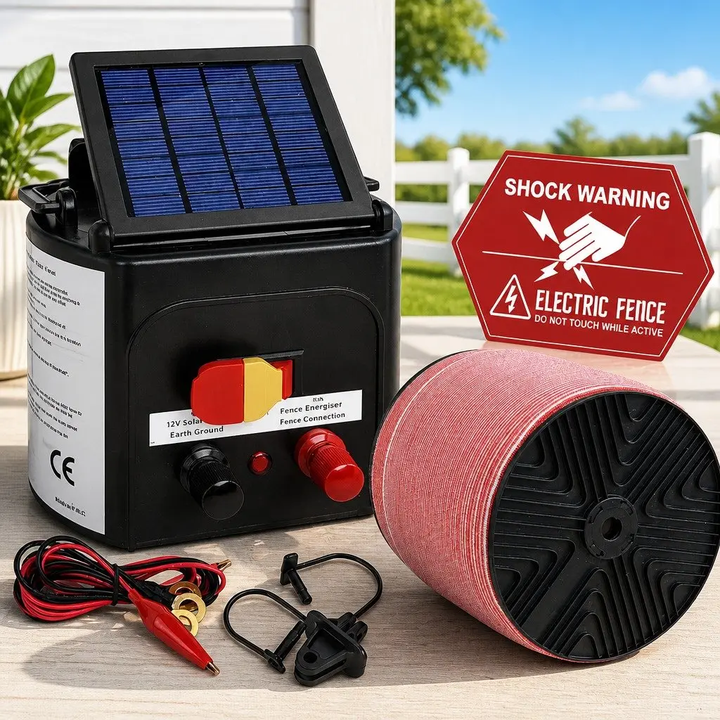Solar Electric Fence Energiser Black 5KM Compact Low Maintenance System with 2000M Red and White Polytape