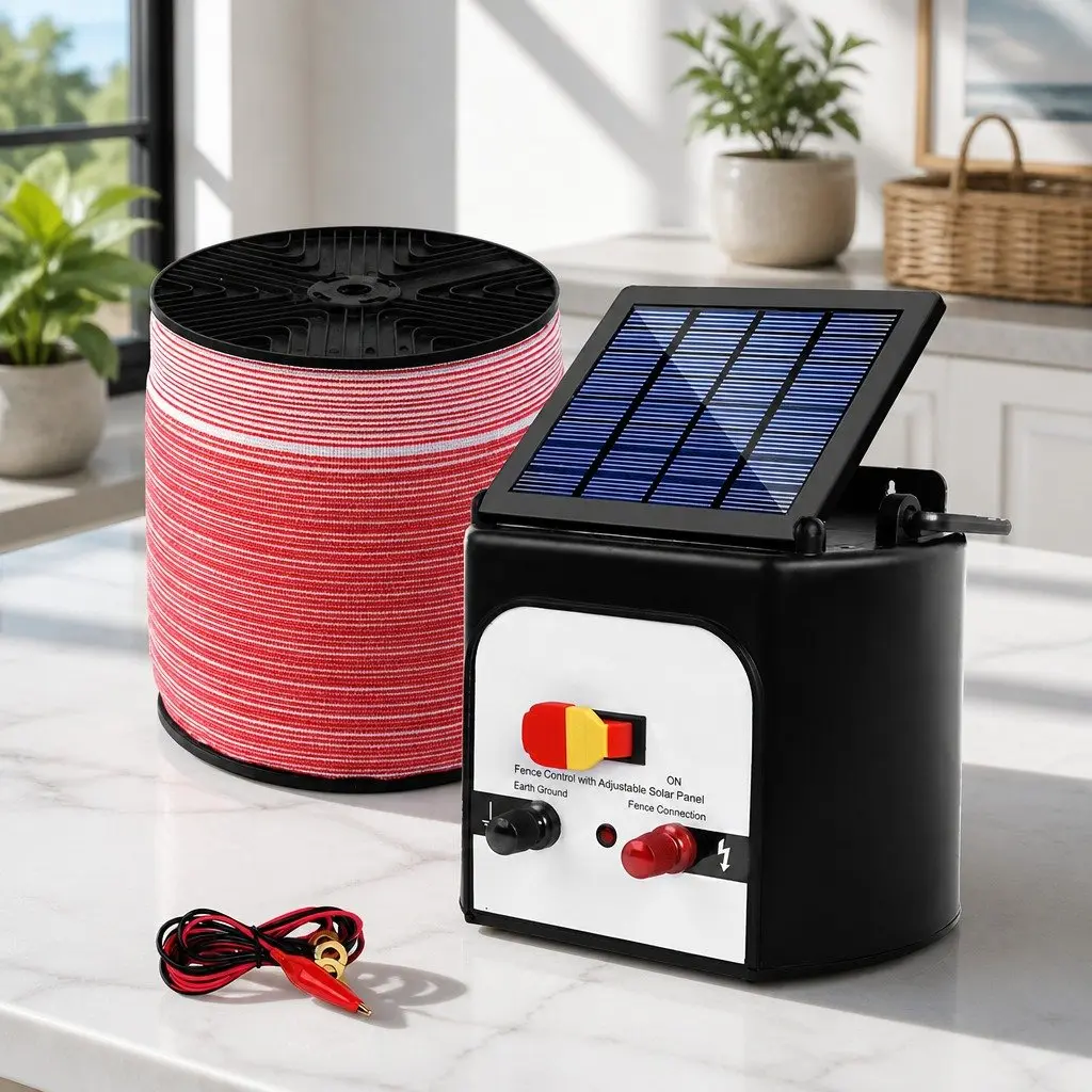 Solar Electric Fence Energiser Black and White 8km Compact Lightweight System with Monocrystalline Solar Panel and 2000m Polytape