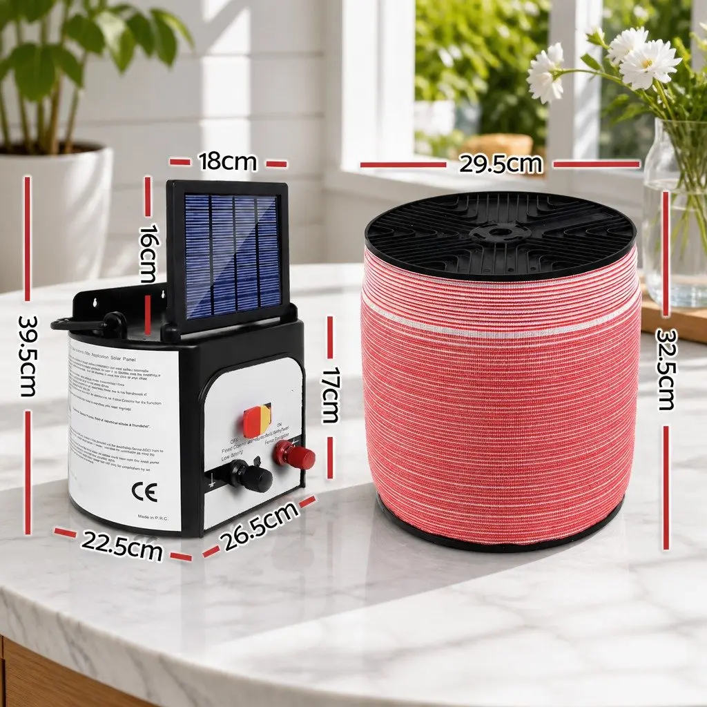 Solar Electric Fence Energiser Black and White 8km Compact Lightweight System with Monocrystalline Solar Panel and 2000m Polytape