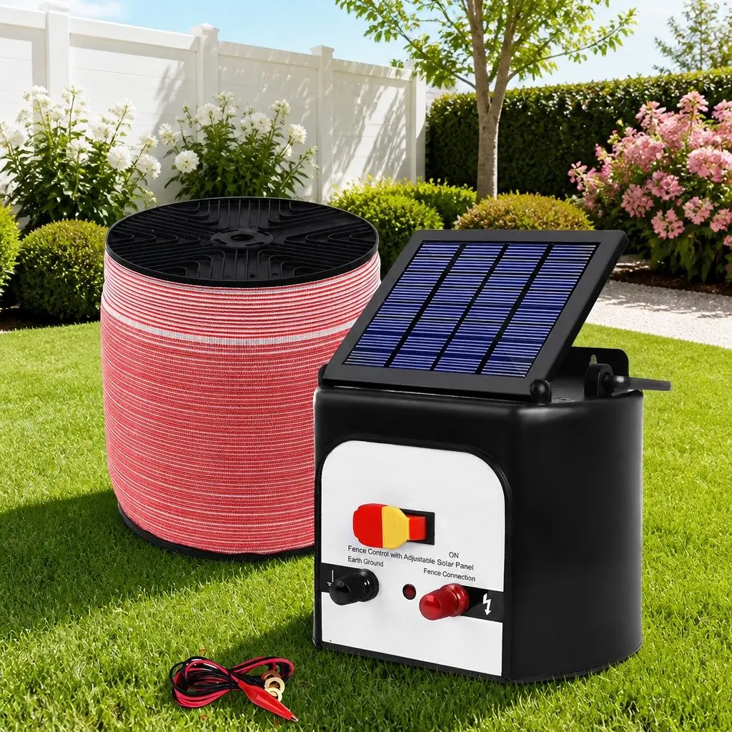 Solar Electric Fence Energiser Black and White 8km Compact Lightweight System with Monocrystalline Solar Panel and 2000m Polytape