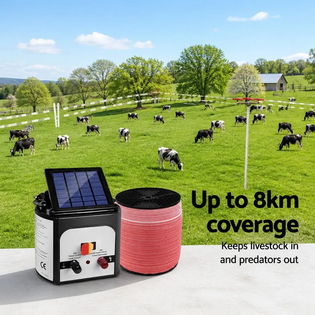 Solar Electric Fence Energiser Black and White 8km Compact Lightweight System with Monocrystalline Solar Panel and 2000m Polytape