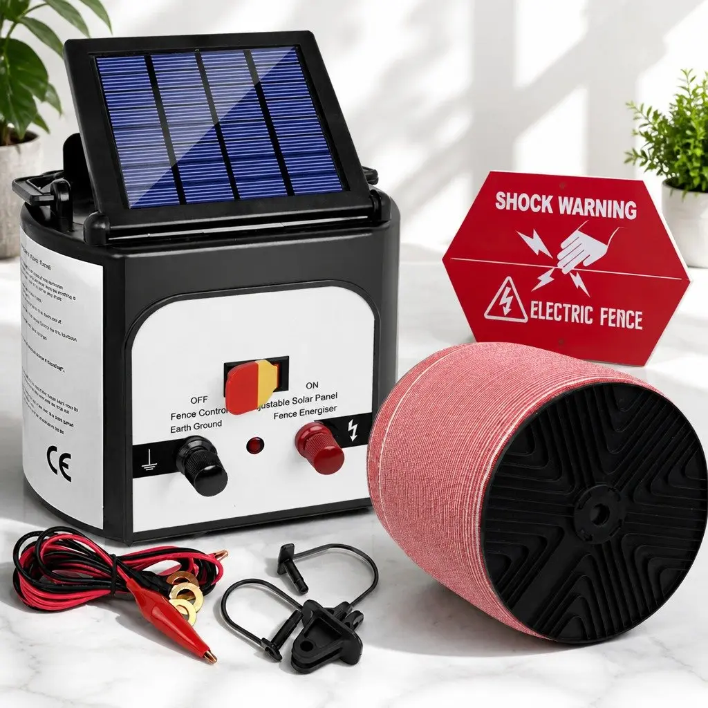 Solar Electric Fence Energiser Black and White 8km Compact Lightweight System with Monocrystalline Solar Panel and 2000m Polytape