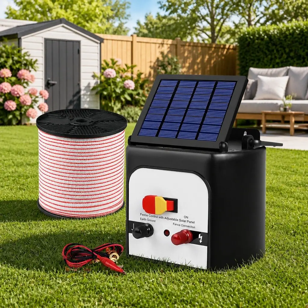 Solar Electric Fence Energiser Red and White 8km 0.3J Discharge Energy with Monocrystalline Solar Panel and 25 Post Insulators Kit