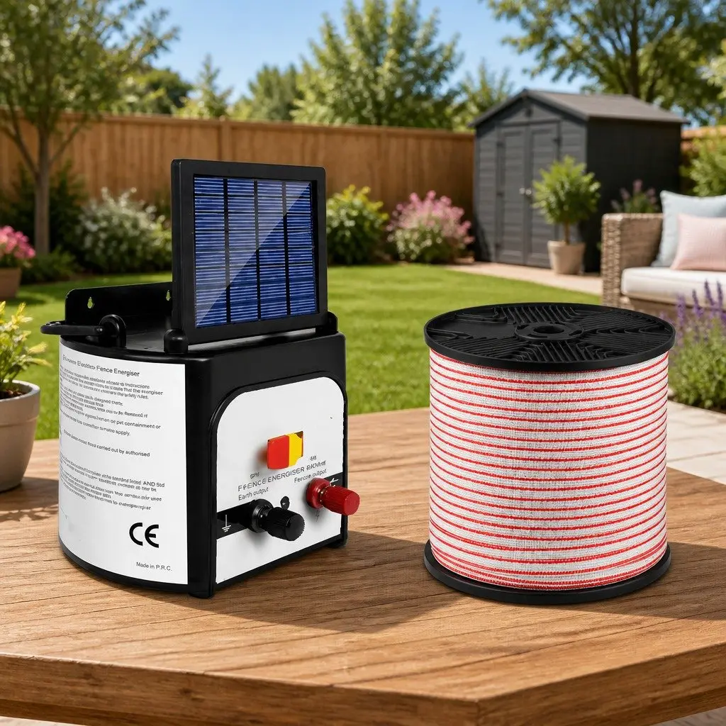 Solar Electric Fence Energiser Red and White 8km 0.3J Discharge Energy with Monocrystalline Solar Panel and 25 Post Insulators Kit