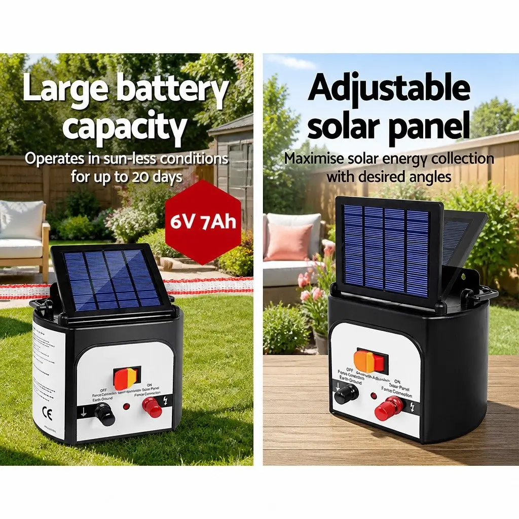Solar Electric Fence Energiser Red and White 8km 0.3J Discharge Energy with Monocrystalline Solar Panel and 25 Post Insulators Kit