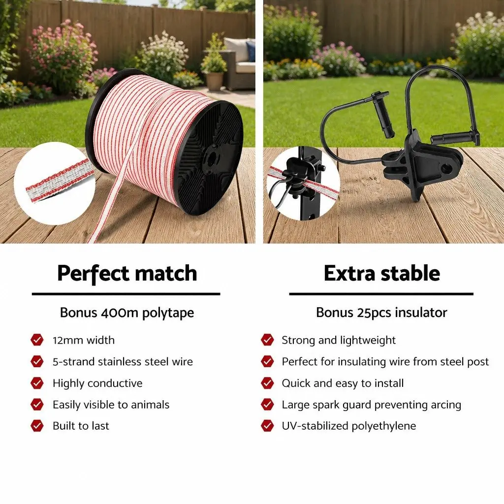 Solar Electric Fence Energiser 5KM Livestock Control Farm Fencing Kit Polytape