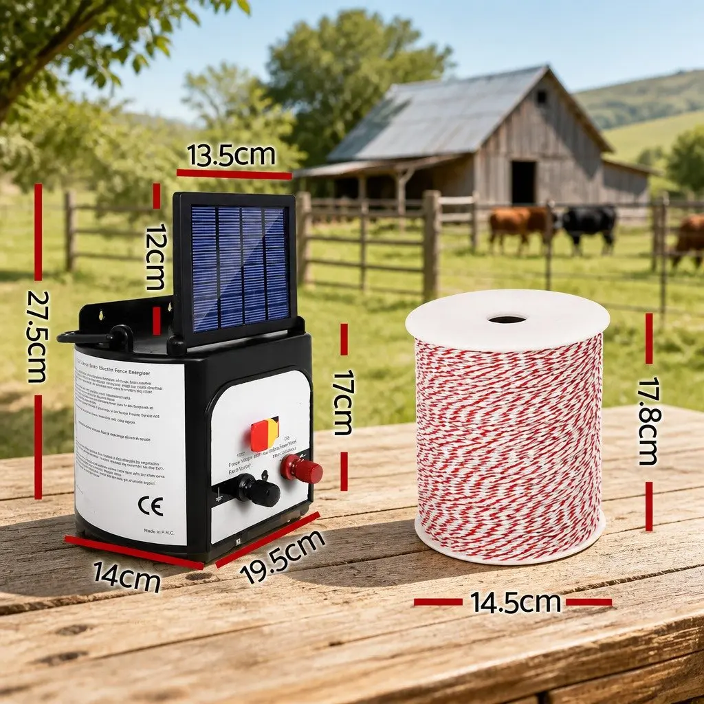 Solar Electric Fence Energiser Red and White 8km Solar-powered Compact System with 500m Polywire
