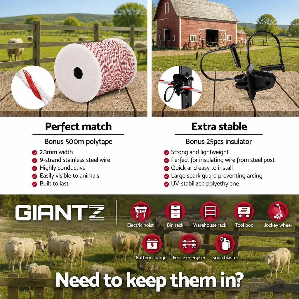 Solar Electric Fence Energiser Red and White 8km Solar-powered Compact System with 500m Polywire