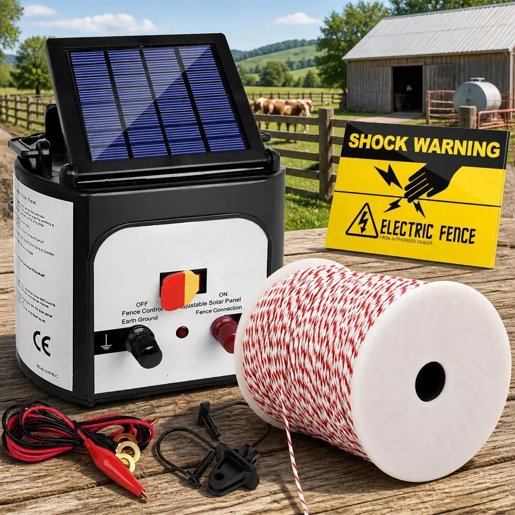 Solar Electric Fence Energiser Red and White 8km Solar-powered Compact System with 500m Polywire