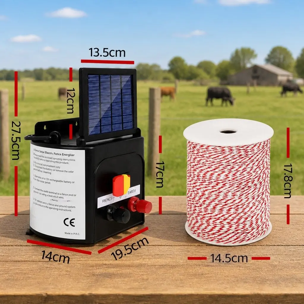 Solar Electric Fence Energiser Black 3km Compact Low Maintenance System for Livestock and Pets with 500m Polywire and 25 Post Insulators