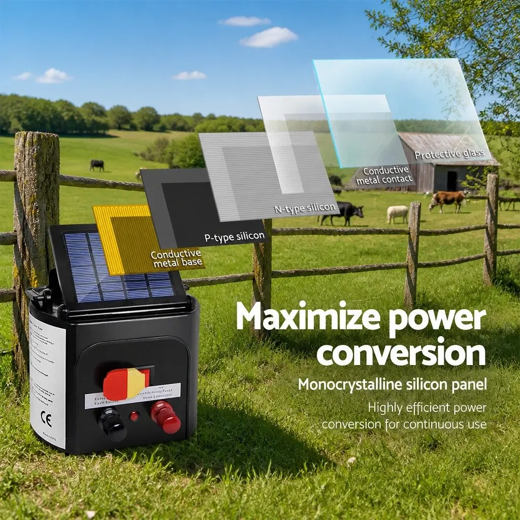 Solar Electric Fence Energiser Black 3km Compact Low Maintenance System for Livestock and Pets with 500m Polywire and 25 Post Insulators