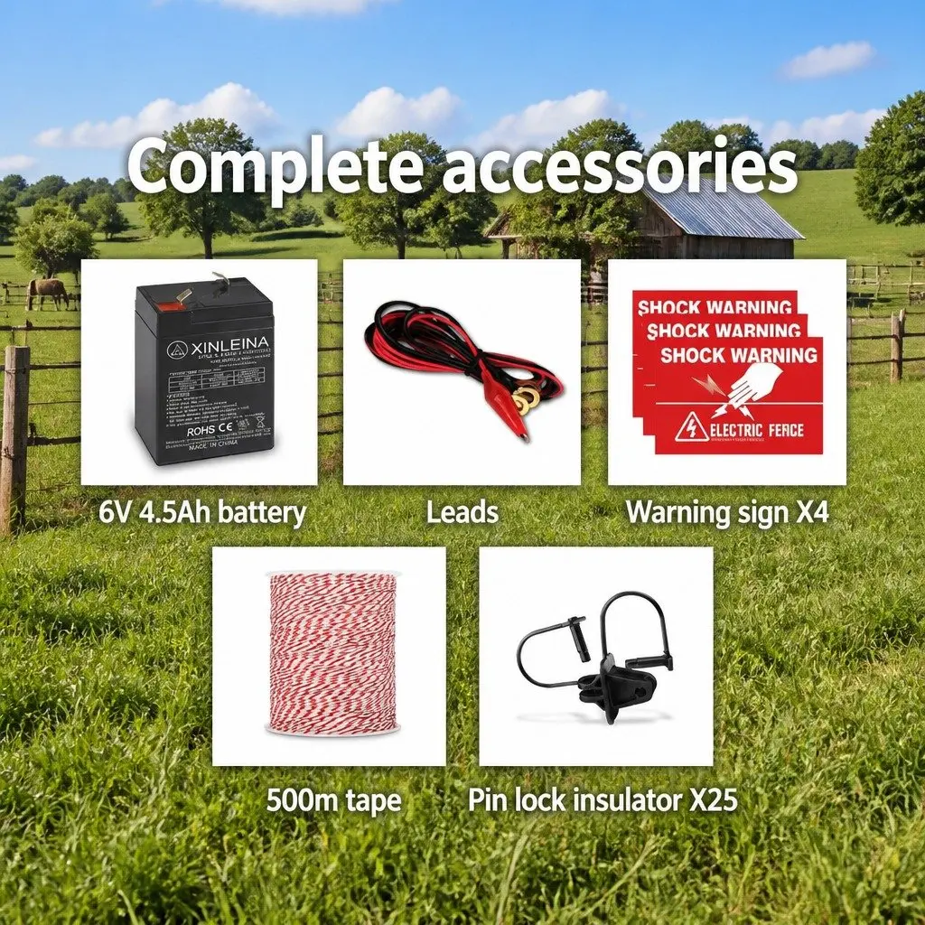 Solar Electric Fence Energiser Black 3km Compact Low Maintenance System for Livestock and Pets with 500m Polywire and 25 Post Insulators