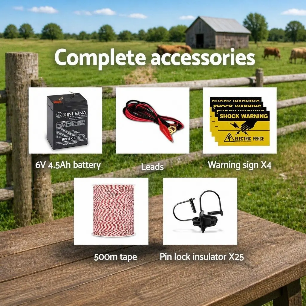 Solar Electric Fence Energiser Black 3km Compact Low Maintenance System for Livestock and Pets with 500m Polywire and 25 Post Insulators