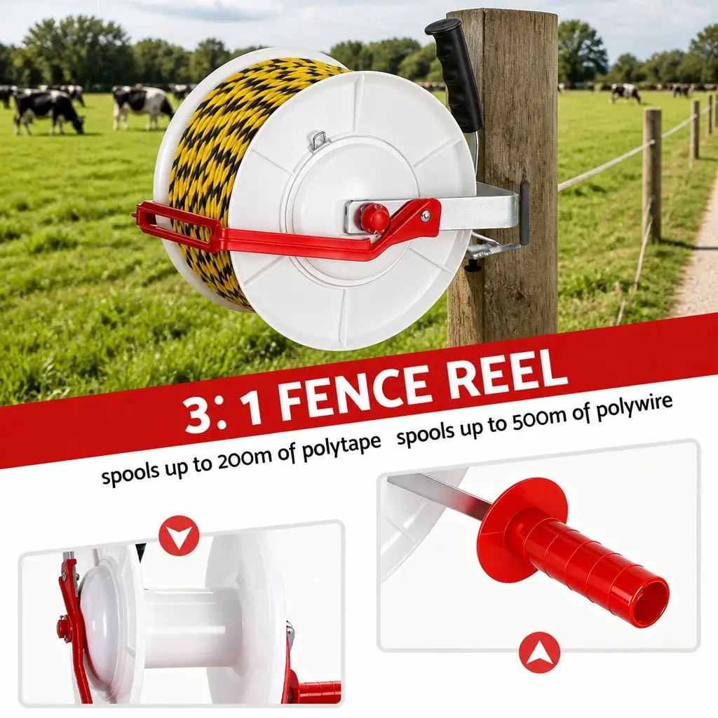 Electric Fence Reel Geared Portable Polywire Fencing Farm Tool White