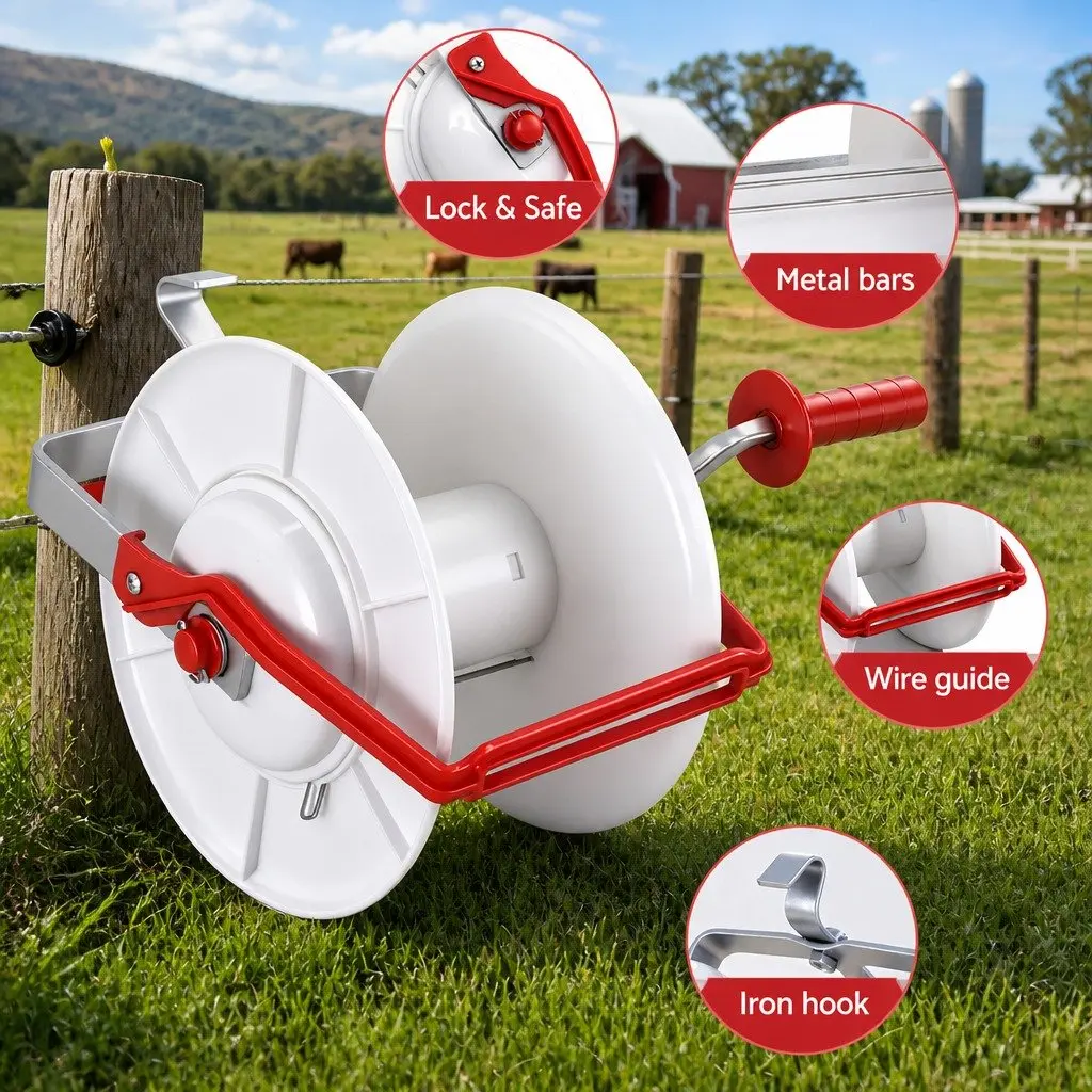Electric Fence Reel Geared Portable Polywire Fencing Farm Tool White