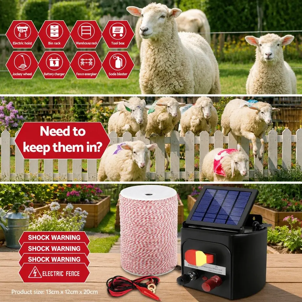 Solar Electric Fence Energiser Black 5KM Compact Low Maintenance with Poly Wire Included