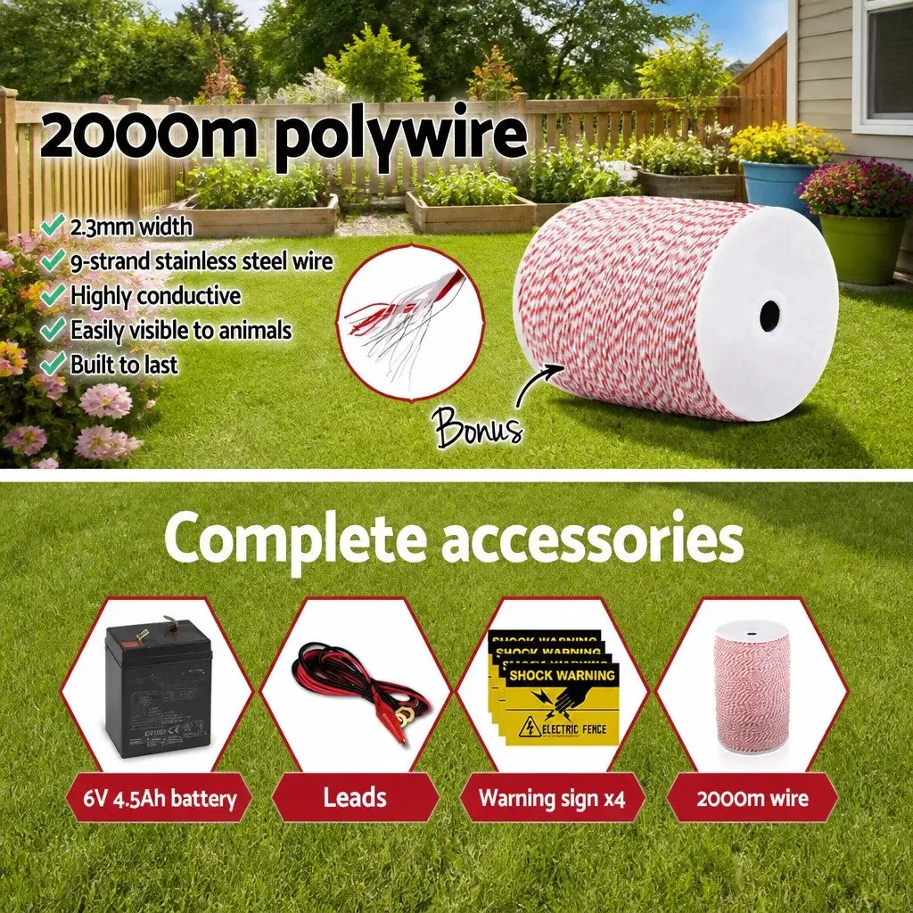 Solar Electric Fence Energiser Black 5KM Compact Low Maintenance with Poly Wire Included