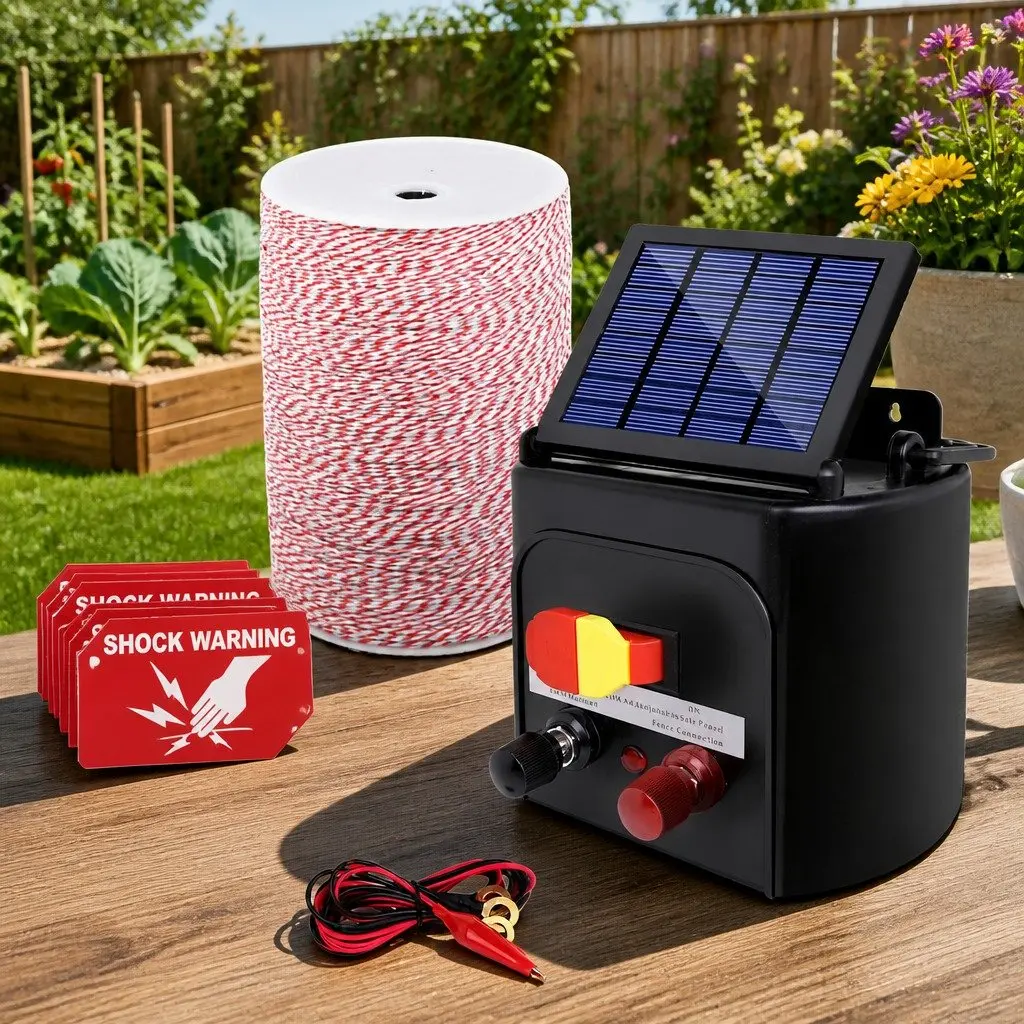 Solar Electric Fence Energiser Black 5KM Compact Low Maintenance with Poly Wire Included