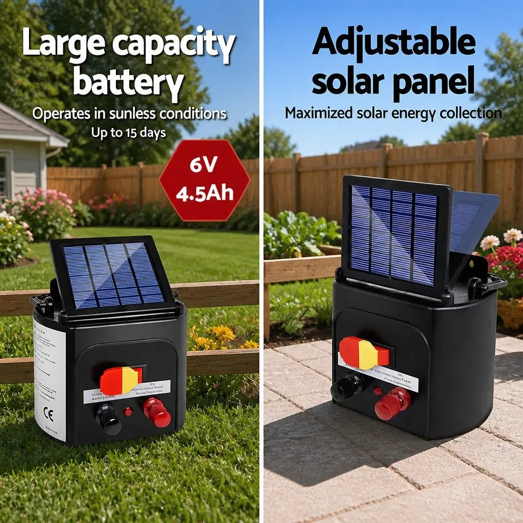 Solar Electric Fence Energiser Black 5km Waterproof Solar-Powered with Monocrystalline Panel for Livestock Farm Fencing