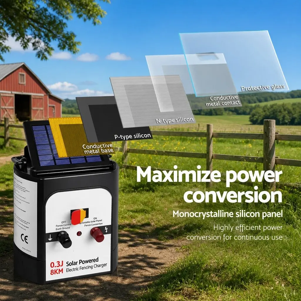 Solar Electric Fence Energiser Black and White 8km 0.3J Compact Lightweight Unit