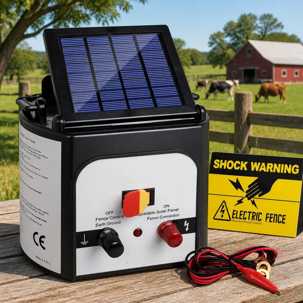 Solar Electric Fence Energiser Black and White 8km 0.3J Compact Lightweight Unit