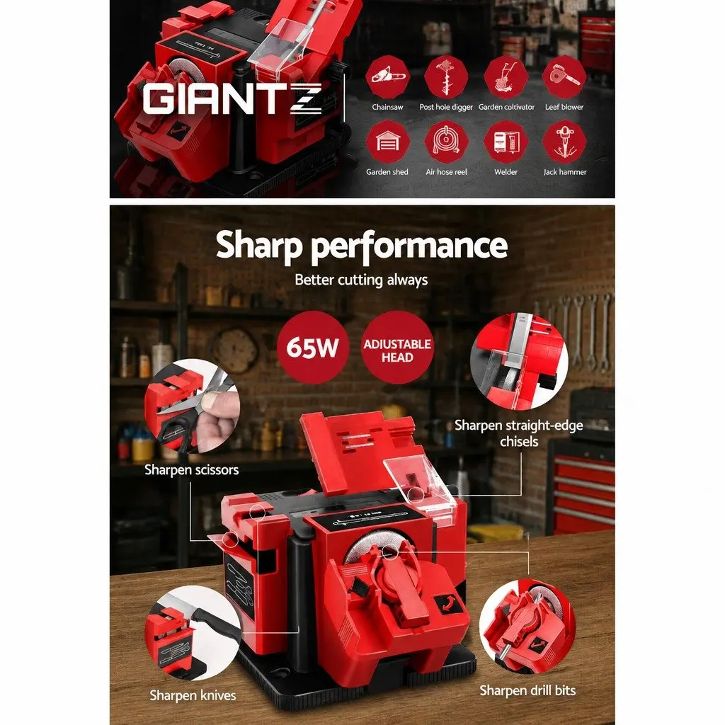 Multifunctional Tool Sharpener Red 65W Electric Grinder Adjustable Head Angle 3 Sharpening Modules