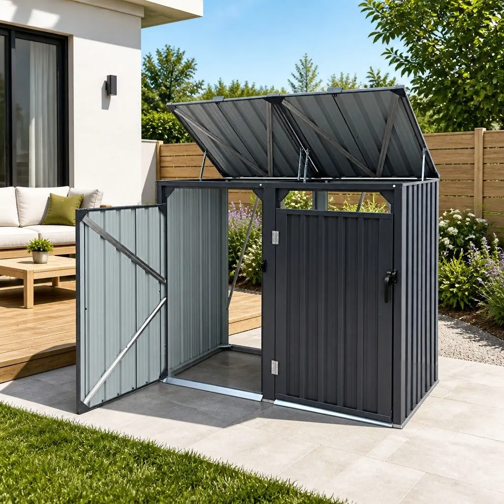 Double Wheelie Bin Storage Shed Grey Steel Lockable Doors